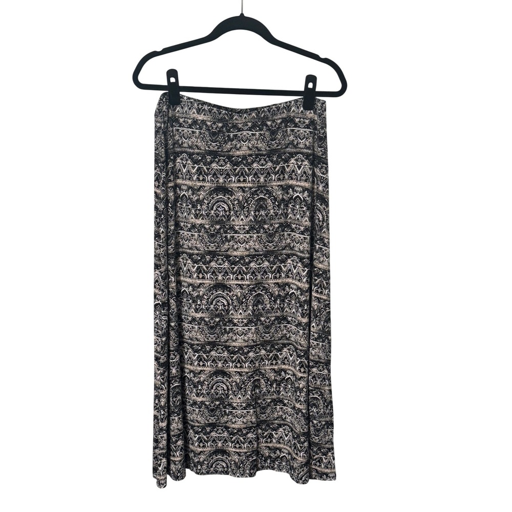 J. Jill Womens Black Tan Boho Print‎ Jersey Knit Maxi Skirt Small